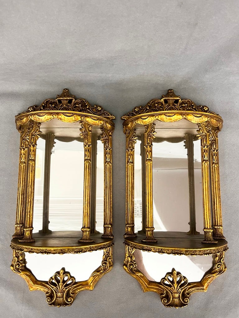 PAIR ITALIAN CARVED GILT-WOOD MIRROR-BACK WALL SCONCES. - H: 18 1/4". (1 of 5)