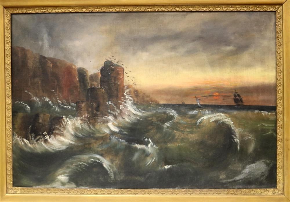 CONTINENTAL SCHOOL (Late 19th century / early 20th century). Choppy Sea, Oil on canvas. Unsigned.: CONTINENTAL SCHOOL (Late 19th century / early 20th century). Choppy Sea, Oil on canvas. Unsigned. Framed. - 24 x 36 inches; 32 x 44 inches