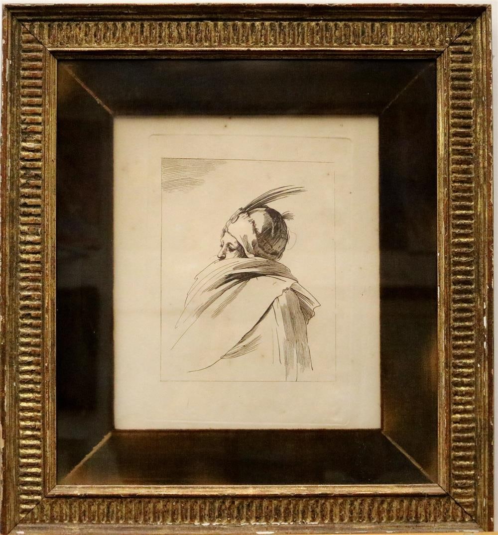 FRANCESCO BARTOLOZZI (Italian, 1727-1815). Man in a Plumed Hat and Cloak, circa 1760, Etching after: FRANCESCO BARTOLOZZI (Italian, 1727-1815). Man in a Plumed Hat and Cloak, circa 1760, Etching after the work of Giovanni Francesco Barbieri (called il Guercino) (Italian, 1591-1666). Framed. Not exami