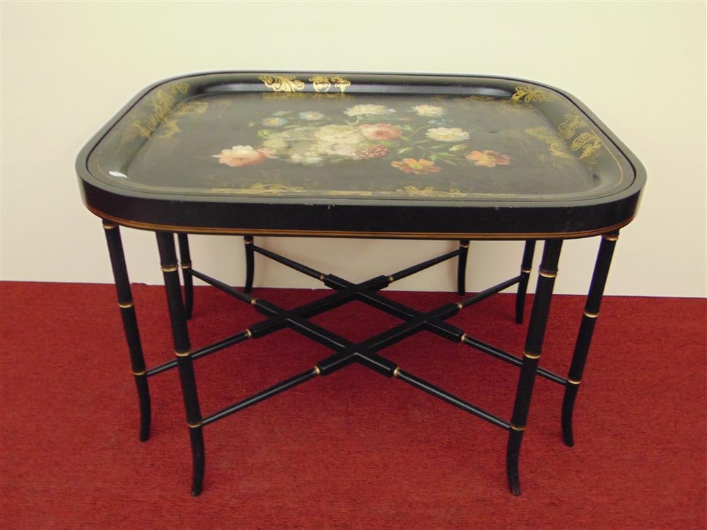 PAINTED TOLEWARE TRAY WITH FITTED BLACK BAMBOO-TURNED STAND. - H: 20 in.; top, 30 in. x 24 in., (1 of 7)