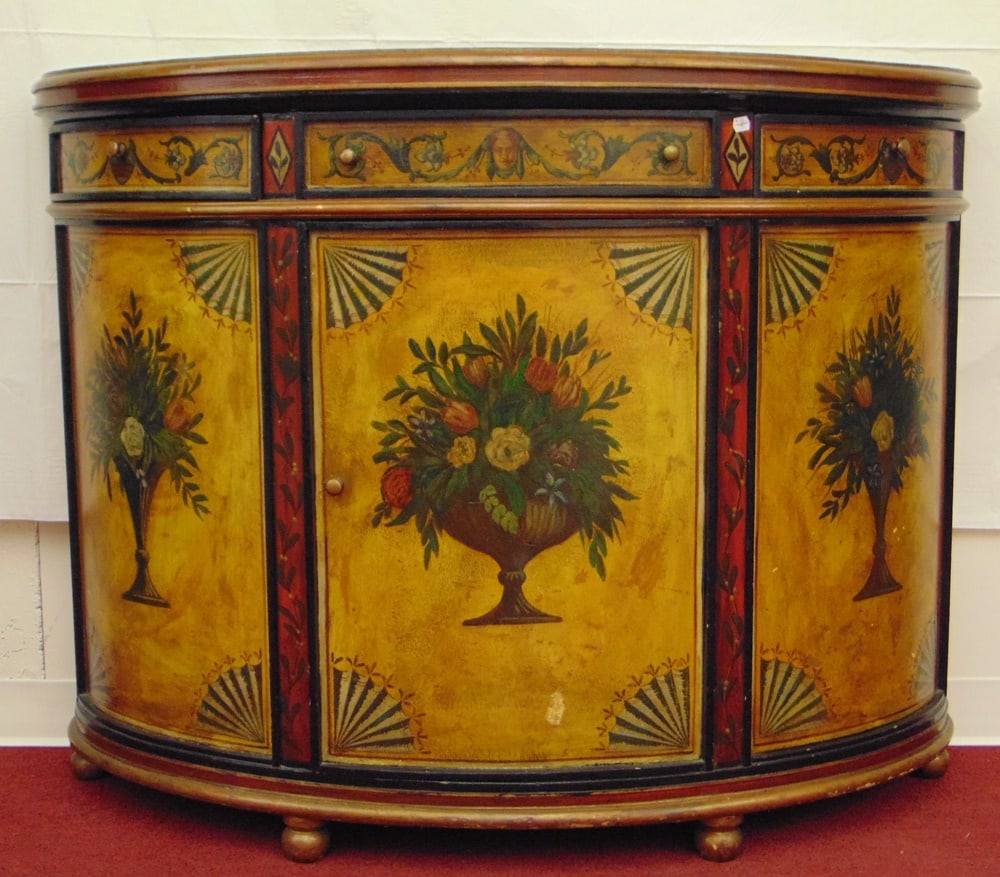 PAIR ITALIAN FLORAL-PAINTED DEMILUNE THREE-DRAWER, THREE DOOR CABINETS. - H: 39'; W: 50"; D: 17". (1 of 17)