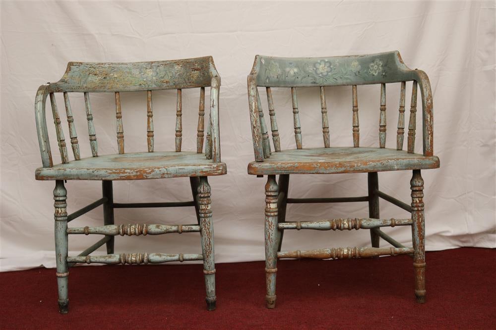 PAIR BLUE-PAINTED SPINDLE-BACK COUNTRY ARM CHAIRS WITH DISTRESSED FINISH, (1 of 18)