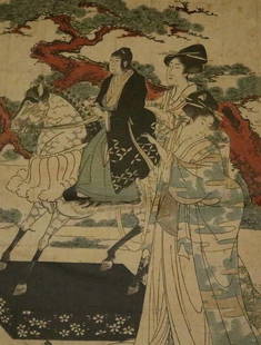UTAGAWA TOYOHIRO (Japanese, 1773 - 1828). Women taking a daimyo's son for a ride upon a hobby horse,: UTAGAWA TOYOHIRO (Japanese, 1773 - 1828). Women taking a daimyo's son for a ride upon a hobby horse, Utagawa Toyohiro, birth name Okajima Tojiro, was a Japanese ukiyo-e artist and painter. 19th cedntu