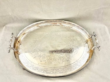 HEAVY SILVER-PLATED GALLERIED OVAL TWO-HANDLE SERVING TRAY, CIRCA 1880, late 19th century. - L: 26