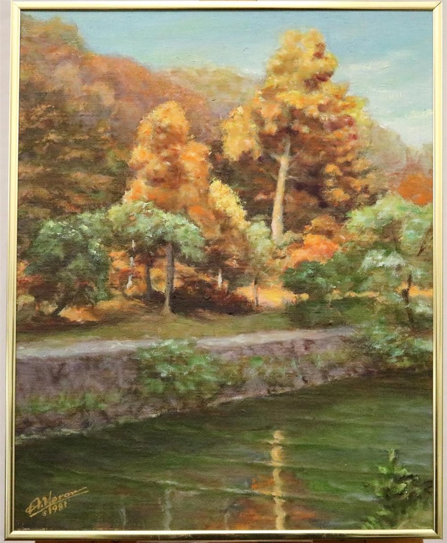 ALEXANDER YARON (American / Russian, 1900-1991). Autumnal Landscape, 1981, Oil on canvas. Signed and: ALEXANDER YARON (American / Russian, 1900-1991). Autumnal Landscape, 1981, Oil on canvas. Signed and dated lower left hand corner. Framed. - 12 x 15 inches