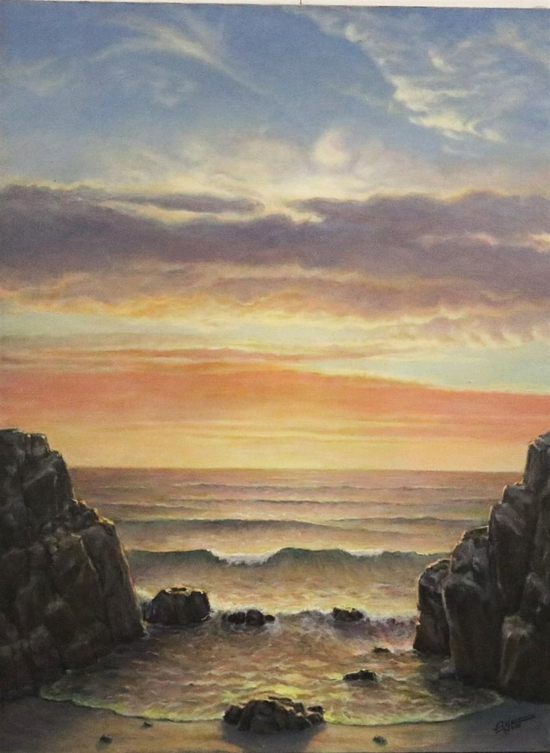 ALEXANDER YARON (American / Russian, 1900-1991). Seascape at Sunset, 1987, Oil on canvas. Signed and: ALEXANDER YARON (American / Russian, 1900-1991). Seascape at Sunset, 1987, Oil on canvas. Signed and dated lower right hand corner. Framed. - 40 x 30 inches; frame: 48 x 38 inches