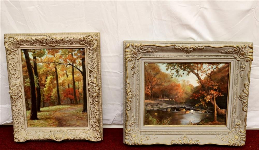 ALEXANDER YARON (American/Russian, 1900-1991). "Forest Landscape, Virginia in Autum" and "Landscape: ALEXANDER YARON (American/Russian, 1900-1991). "Forest Landscape, Virginia in Autum" and "Landscape with Stream, Autum", Oil on canvas. Both artworks are signed. Framed. Provenance: Estate of the Arti