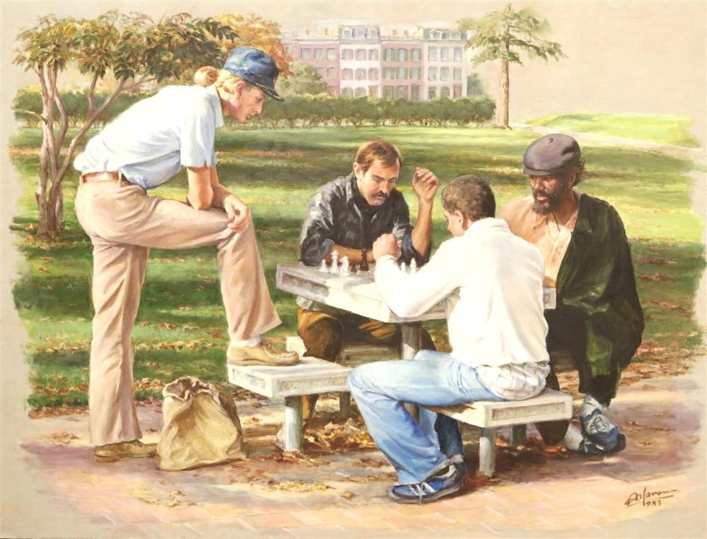 ALEXANDER YARON (American/Russian, 1900-1991). Chess Players, 1983, Oil on canvas. Signed and dated: ALEXANDER YARON (American/Russian, 1900-1991). Chess Players, 1983, Oil on canvas. Signed and dated lower right. Unframed. Provenance: Estate of the Artist. - 36 x 48 inches