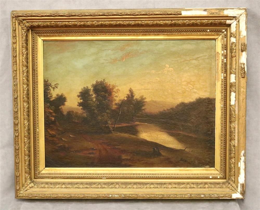 AMERICAN SCHOOL (19th century). Landscape with River. Oil on canvas. Signed "J R Jackson" or "J B: AMERICAN SCHOOL (19th century). Landscape with River. Oil on canvas. Signed "J R Jackson" or "J B Jackson" lower left. Framed. - 18 x 24 inches; frame: 26 x 32 inches