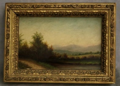 AMERICAN SCHOOL (19th century). Late Afternoon Landscape, Oil on canvas. Verso notation attribution