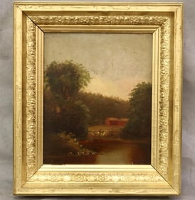 AMERICAN SCHOOL (19th century). Red Barn by the Lake, Oil on board. Unsigned. Framed.