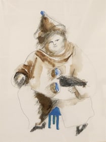 AMERICAN SCHOOL (20th century). Clown on a Blue Stool, Mixed media on paper (pencil, crayon,