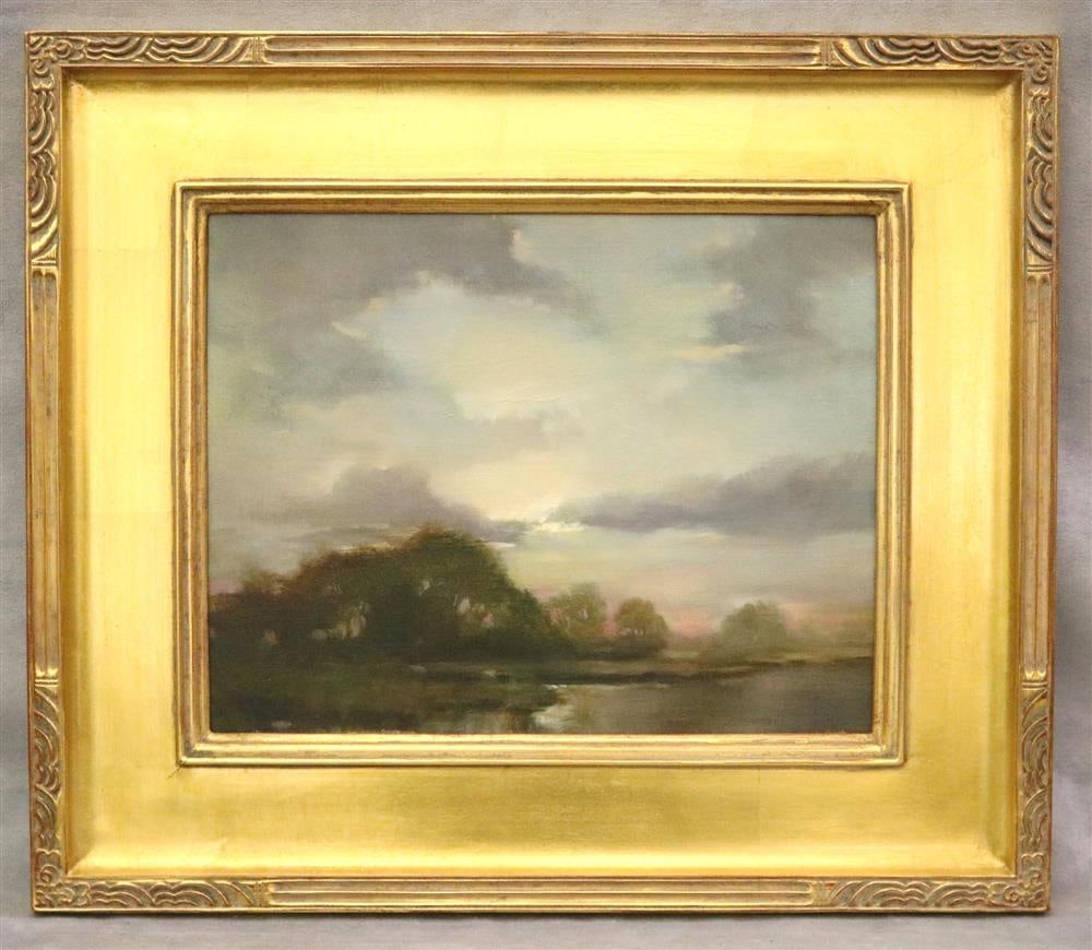 AMERICAN SCHOOL (20th century). Vermont Sunset, Oil on canvas. Signed "R Watkins" lower right hand: AMERICAN SCHOOL (20th century). Vermont Sunset, Oil on canvas. Signed "R Watkins" lower right hand corner. Framed. - 11 x 14 inches; frame: 18 x 21 inches
