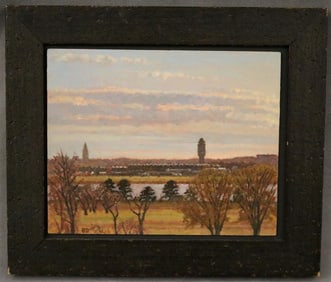 AMERICAN SCHOOL (21st Century). Dulles Airport: Early Morning Evening, Oil on board. Signed "B.D."