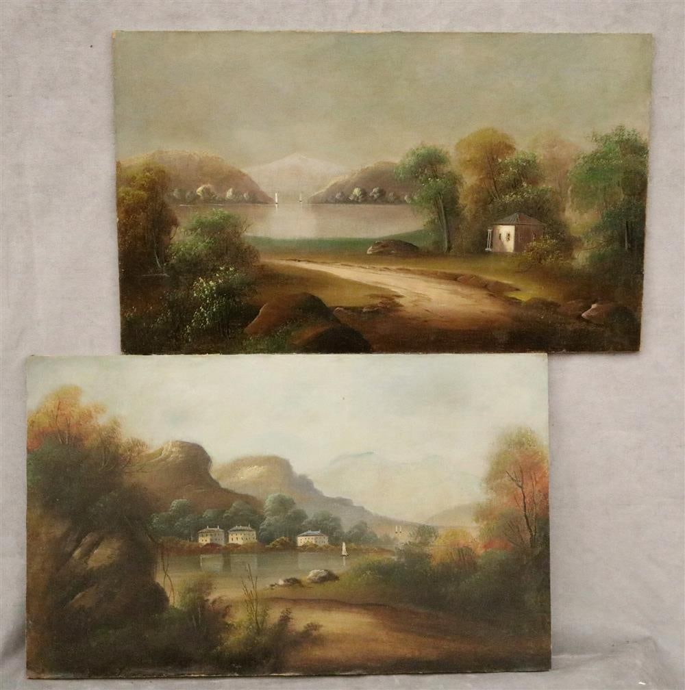 AMERICAN SCHOOL (early 20th century). Pair of Landscapes, Oil on canvas laid down to boards.: AMERICAN SCHOOL (early 20th century). Pair of Landscapes, Oil on canvas laid down to boards. Unframed. - each one: 25.5 x 15.5 inches