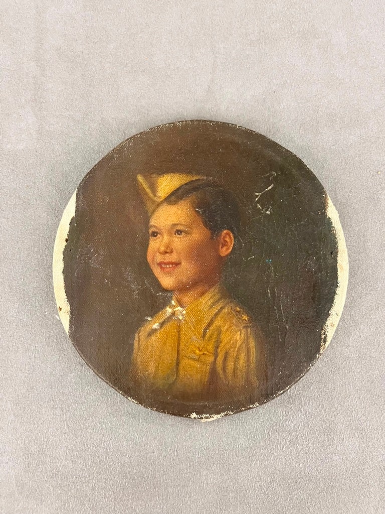 AMERICAN SCHOOL (early 20th century). Portrait of a Boy Scout, Oil on canvas laid down to a board.: AMERICAN SCHOOL (early 20th century). Portrait of a Boy Scout, Oil on canvas laid down to a board. Unsigned. Unframed. - Diameter: 6 inches