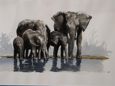 ARTHUR COTTON MOORE (American, 1935-2022). Elephant Herd, Watercolor. Signed and dated lower right