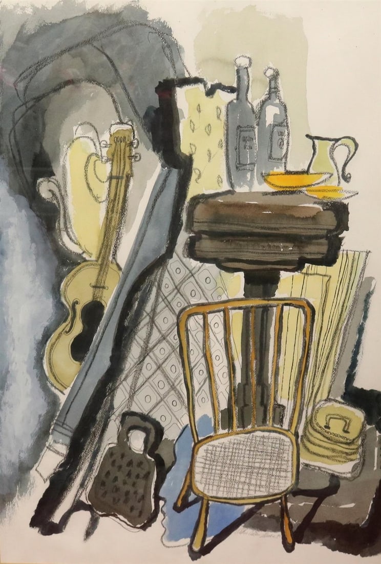 ARTHUR COTTON MOORE (American, 1935-2022). Interior with guitar and tabletop still life, Ink and: ARTHUR COTTON MOORE (American, 1935-2022). Interior with guitar and tabletop still life, Ink and wash on paper. Unsigned. - 20 x 16 inches.