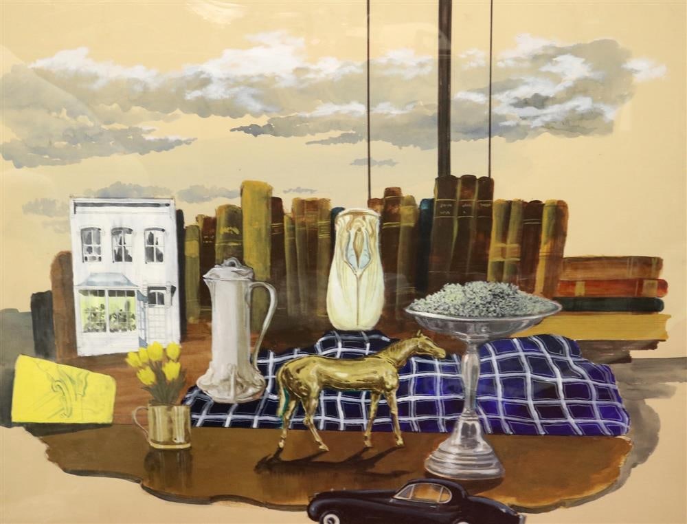 ARTHUR COTTON MOORE (American, 1935-2022). Still Life with Gold Horse, Watercolor. Framed. Not: ARTHUR COTTON MOORE (American, 1935-2022). Still Life with Gold Horse, Watercolor. Framed. Not examined out of frame. - 24 x 36 inches.