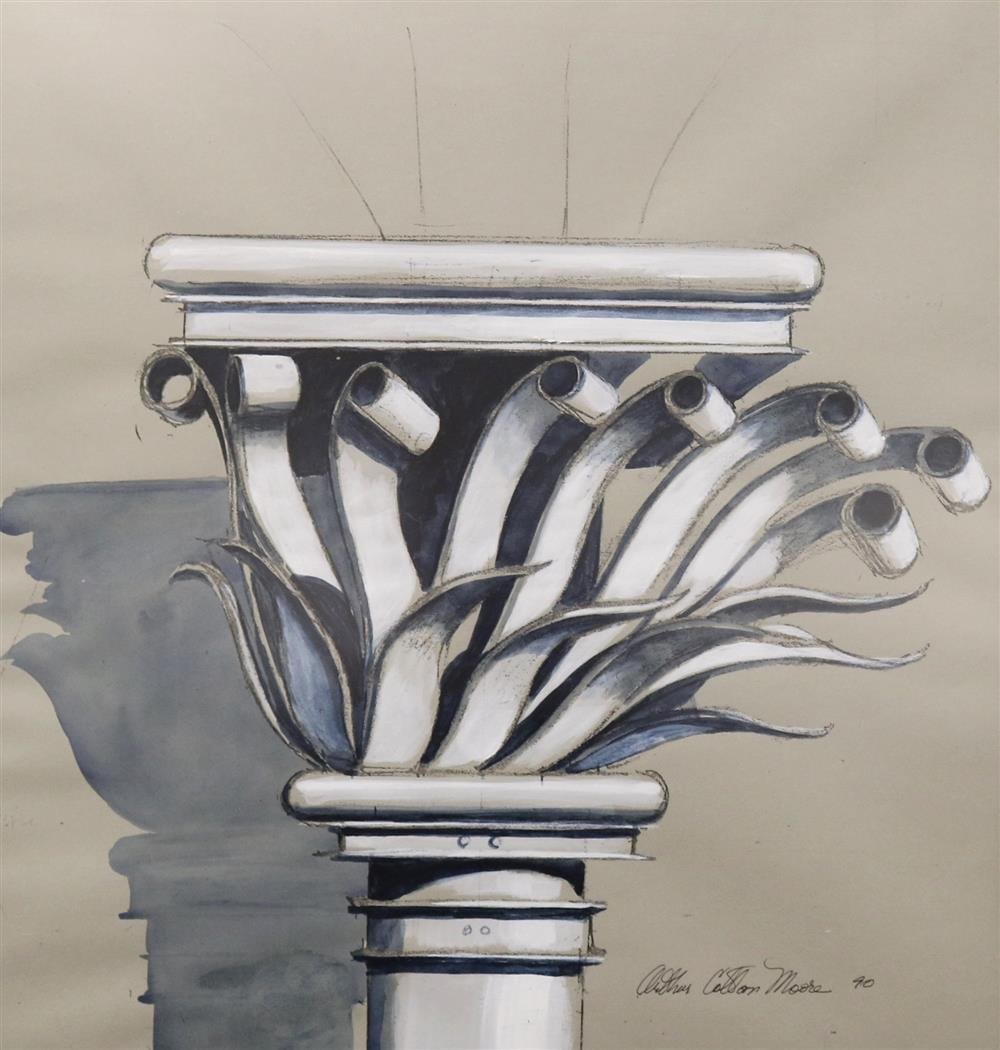 ARTHUR COTTON MOORE (American, 1935-2022). Untitled (Architectural Element), 1990, Ink, watercolor,: ARTHUR COTTON MOORE (American, 1935-2022). Untitled (Architectural Element), 1990, Ink, watercolor, gouache on paper. Signed and dated lower right hand corner. Framed. Not examined out of frame. - 21 