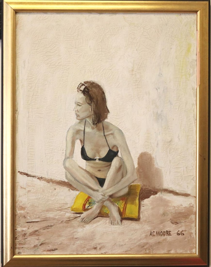 ARTHUR COTTON MOORE (American, 1935-2022). Woman on the Beach, 1966, Signed and dated lower right.: ARTHUR COTTON MOORE (American, 1935-2022). Woman on the beach, 1966, Signed and dated lower right. Oil on canvas. Heavy craquelure. - 32 x 24 inches.