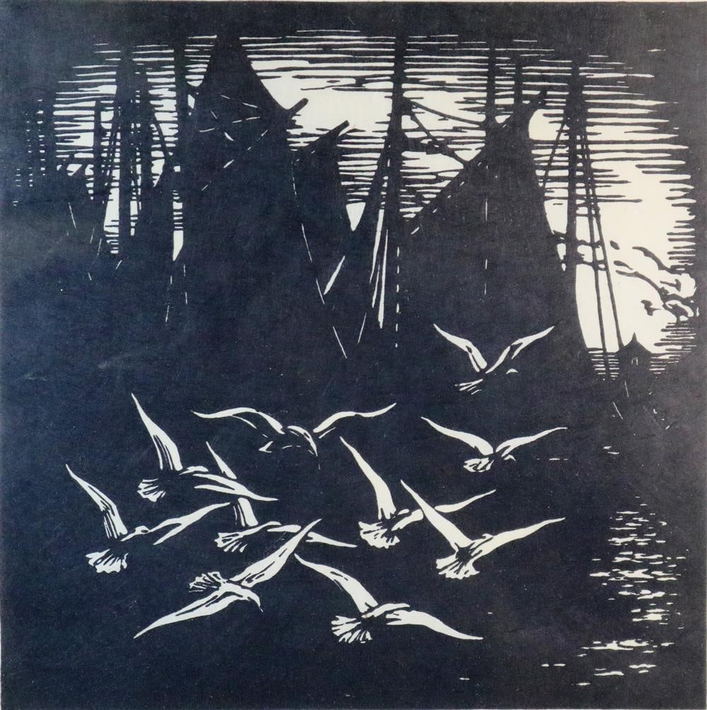 DONALD FREDERICK WITHERSTINE (American 1896-1961). Messengers of the Sea, circa 1920, Woodcut.: DONALD FREDERICK WITHERSTINE (American 1896-1961). Messengers of the Sea, circa 1920, Woodcut. Pencil signed, titled and annotated "ed. 100" at base. Framed. Not examined out of frame. - Sight: 10.5 x