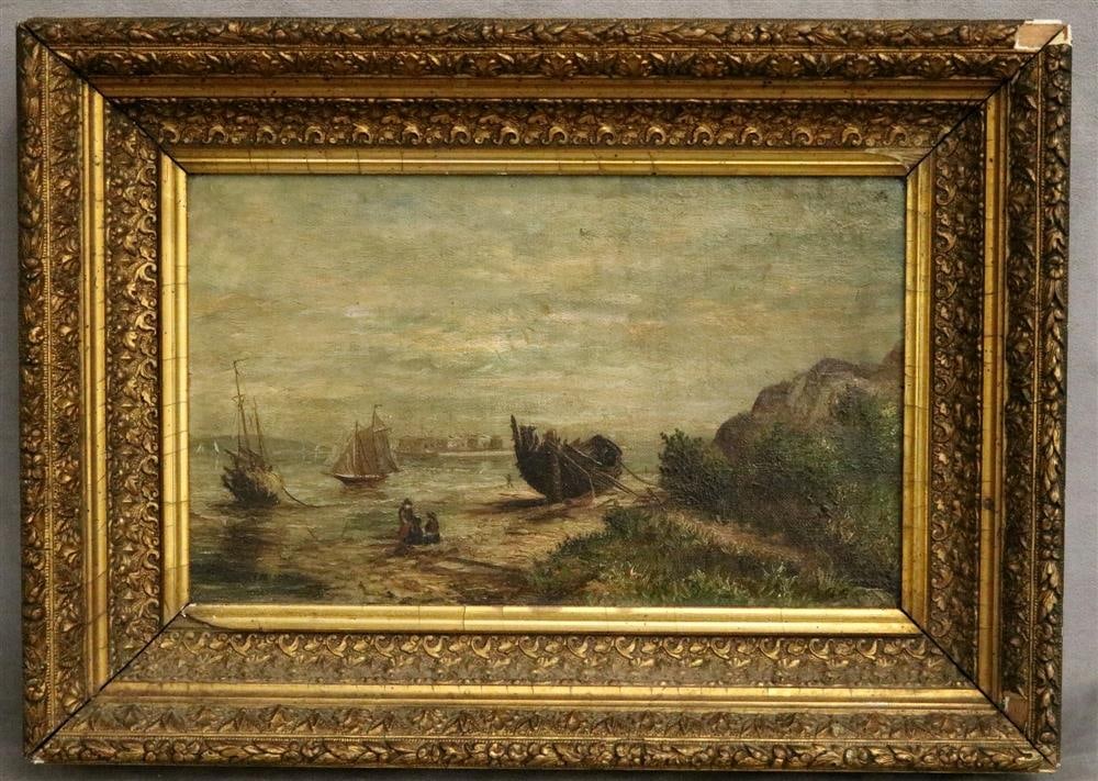 FOLLOWER OF GRANVILLE PERKINS (American, 1830 - 1895). View of Boston's Fort Independence, Oil on: FOLLOWER OF GRANVILLE PERKINS (American, 1830 - 1895). View of Boston's Fort Independence, Oil on canvas. Framed. - 8 x 13 inches; frame: 12.5 x 17.5 inches