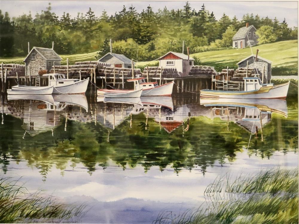 GERALDINE MCKEOWN (American, 20th century). Boats on a Sunny Day, 1986, Mixed media on paper. Signed: GERALDINE MCKEOWN (American, 20th century). Boats on a Sunny Day, 1986, Mixed media on paper. Signed and dated lower right hand corner. Framed. Not examined out of frame. - 19 x 26 inches; frame: 30 x