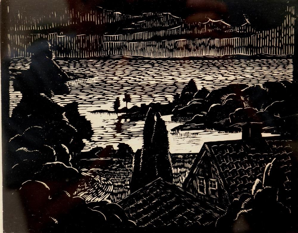 KARL LARSSON (American / Swedish, 1893 - 1967). Evening on the Baltic, Limited edition woodblock: KARL LARSSON (American / Swedish, 1893 - 1967). Evening on the Baltic, Limited edition woodblock print number 2 of an edition of 60. Pencil numbered and signed at base. Note: there is a pencil dedicat