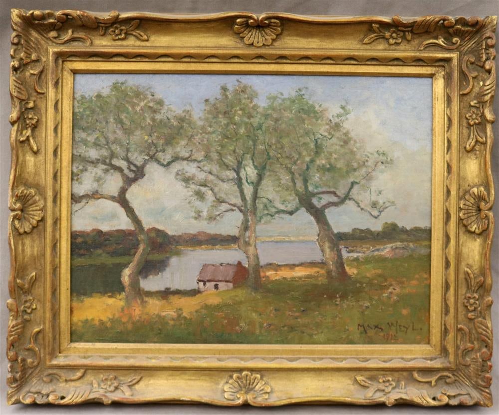 MAX WEYL (American, 1837-1914). Little River From Rosslyn, 1912, Oil on canvas. Signed and dated: MAX WEYL (American, 1837-1914). Little River From Rosslyn, 1912, Oil on canvas. Signed and dated lower right hand corner. Verso label provides title of the artwork. Framed. - 18.5 x 24 inches; frame: 