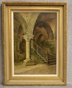 GIUSEPPE DE NITTIS (Italian, 1846 - 1884). Interior Architectural Details of a Church, Oil on board.