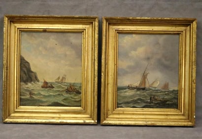 CONTINENTAL SCHOOL (19th century). Pair of Maritime Scenes, Oil on canvas. Signed with "CM"