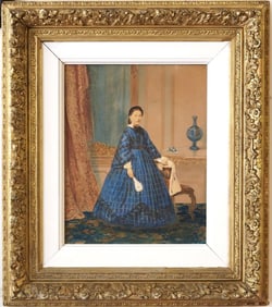 HAND COLORED MID 19TH CENTURY LITHOGRAPH. Continental lady in a blue dress. Framed.