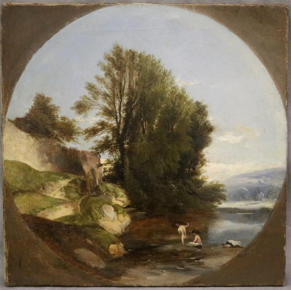 FREDERICK RICHARD LEE (British, 1798 - 1879). Bathers In A River, Oil on canvas. Signed. Unframed.: FREDERICK RICHARD LEE (British, 1798 - 1879). Bathers In A River, Oil on canvas. Signed. Unframed. - 17.5 X 17.5 inches