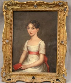 FRENCH SCHOOL (19th century). Young Lady with Book, Oil on board. Framed.