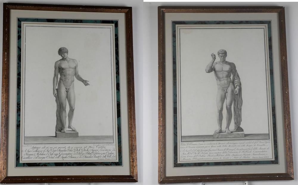 AFTER FRANCESCO PIRANESI (18th century). Par of Engravings, Classical Statues, [LGBTQ+ INTEREST].: AFTER FRANCESCO PIRANESI (18th century). Par of Engravings, Classical Statues, [LGBTQ+ INTEREST]. 18th century copperplate engravings on wove paper of classical Greek or Roman statues, after Franceso