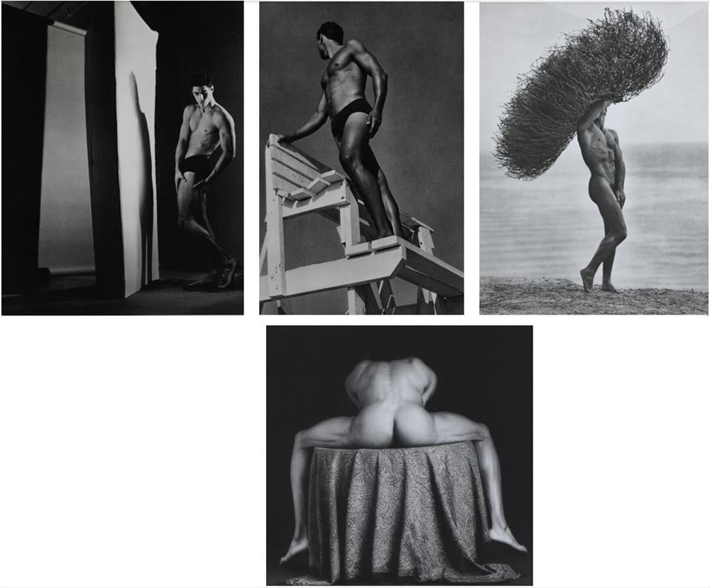 SET OF FOUR BLACK AND WHITE PHOTOS OR PHOTOGRAVURES, - various sizes.: SET OF FOUR BLACK AND WHITE PHOTOS OR PHOTOGRAVURES. [LGBTQ+ INTEREST]. (1) Bruce Webber (American, born 1946), "Jeff" NYC. Print date unknown. (2) Bruce Webber (American, born 1946), "Lifeguard Seri