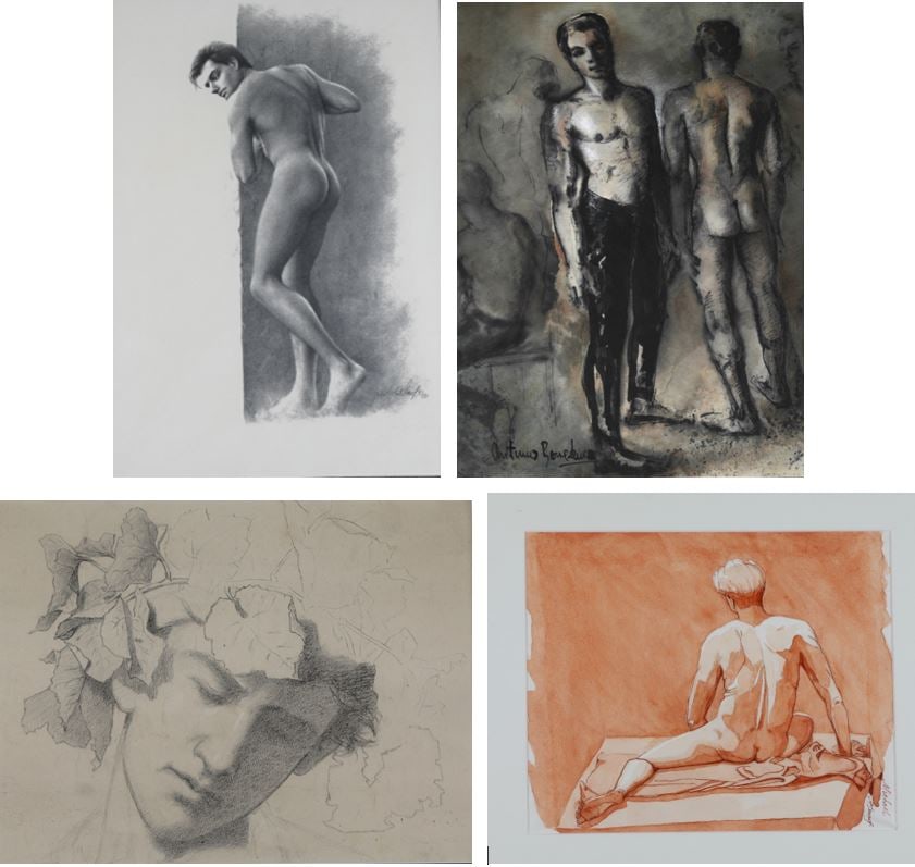 SET OF FOUR CONTEMPORARY WORKS ON PAPER,: SET OF FOUR CONTEMPORARY WORKS ON PAPER. [LGBTQ+ INTEREST]. (1) Jack WHITLOW (American, 1936 - 2015). "Survivor" -- Engraving. Pencil signed. Framed. Not examined out of frame. (2) Illegible signatur
