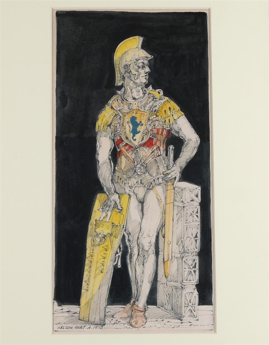 ROBERT A NELSON (American, 1925 - 2021). Grecian Soldier, 1975, [LGBTQ+ INTEREST]. Watercolor and: ROBERT A NELSON (American, 1925 - 2021). Grecian Soldier, 1975, [LGBTQ+ INTEREST]. Watercolor and ink / Paper. Signed and dated lower left hand corner. Framed. Not examined out of frame. - Sight: 12" 