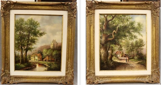 GERMAN SCHOOL (20th century). Two works: Village Scenes, Oil on canvas. Each work is signed and
