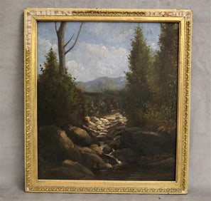ITALIAN SCHOOL (19th century). Landscape with a Rocky River, 1882, Oil on board. Indecipherable