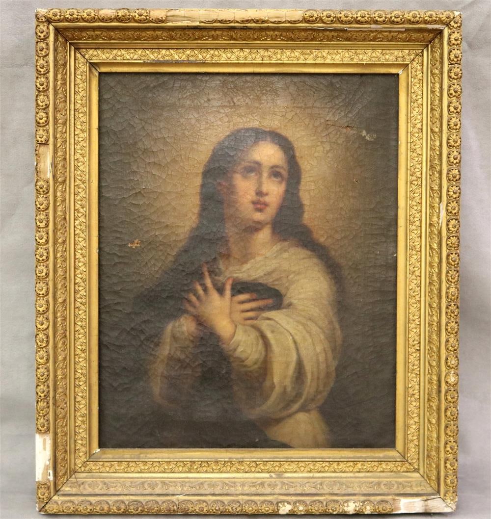 SPANISH SCHOOL (19th century). La Inmaculada Concepcion, Oil on canvas artwork after the 1670: SPANISH SCHOOL (19th century). La Inmaculada Concepcion, Oil on canvas artwork after the 1670 painting by Spanish artist Bartolome Esteban Murillo. Framed. - 17 x 13 inches; frame: 20 x 17 inches