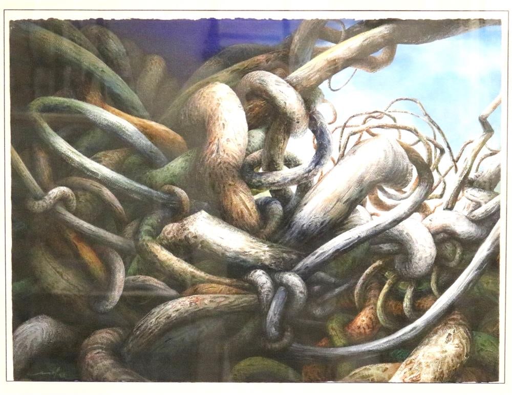 ALBERTO JORGE CAROL (Cuban, born 1945). Nudos VI, 1992, Acrylic on paper. Signed and dated lower: ALBERTO JORGE CAROL (Cuban, born 1945). Nudos VI, 1992, Acrylic on paper. Signed and dated lower left hand corner. Framed. Not examined out of frame. - 31 x 39 inches