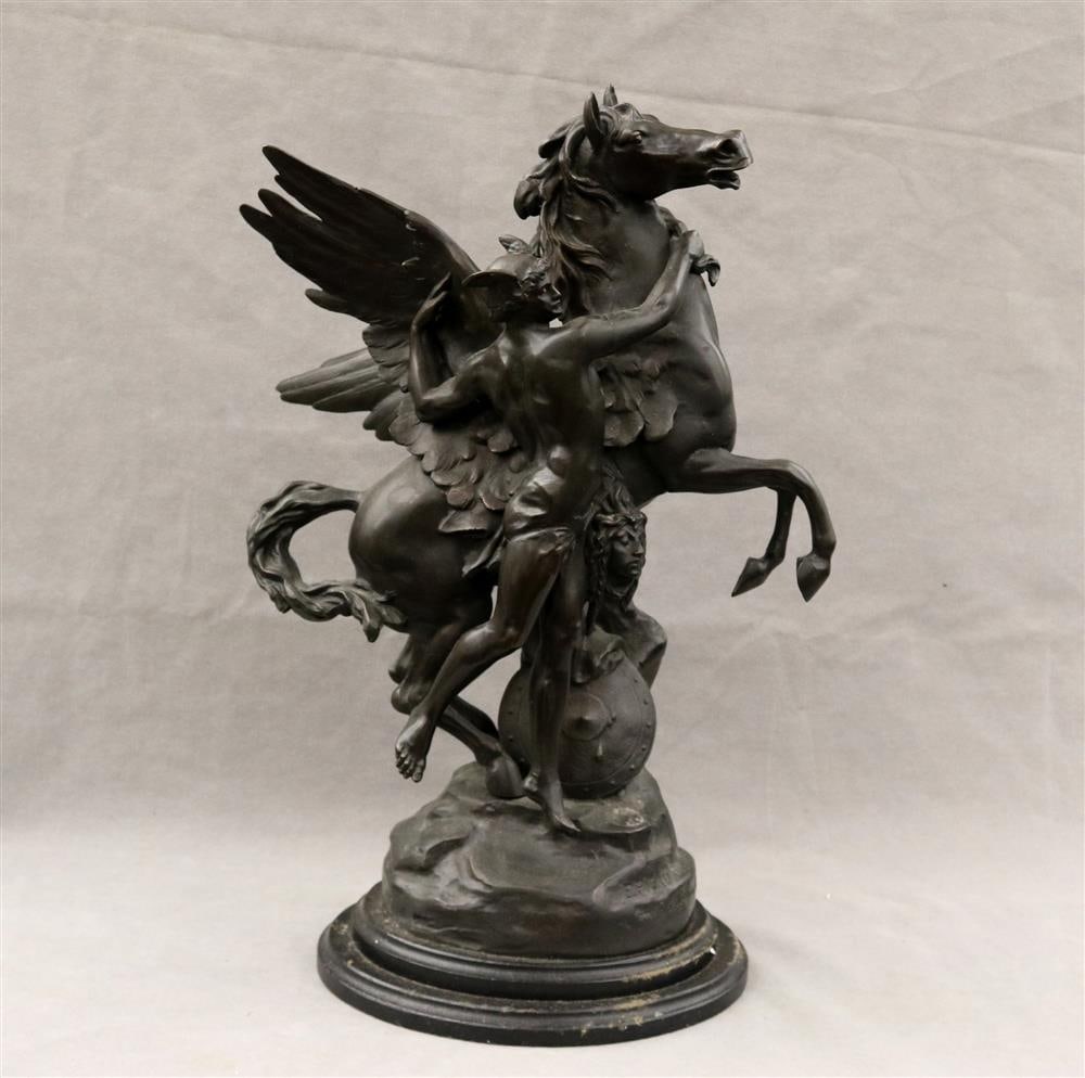 AFTER EMIL LOUIS PICAULT (1883-1915). "Perseus and Pegasus", Bronze with black patina, incised: AFTER EMIL LOUIS PICAULT (1883-1915). "Perseus and Pegasus", Bronze with black patina, incised signature. - H: 22".