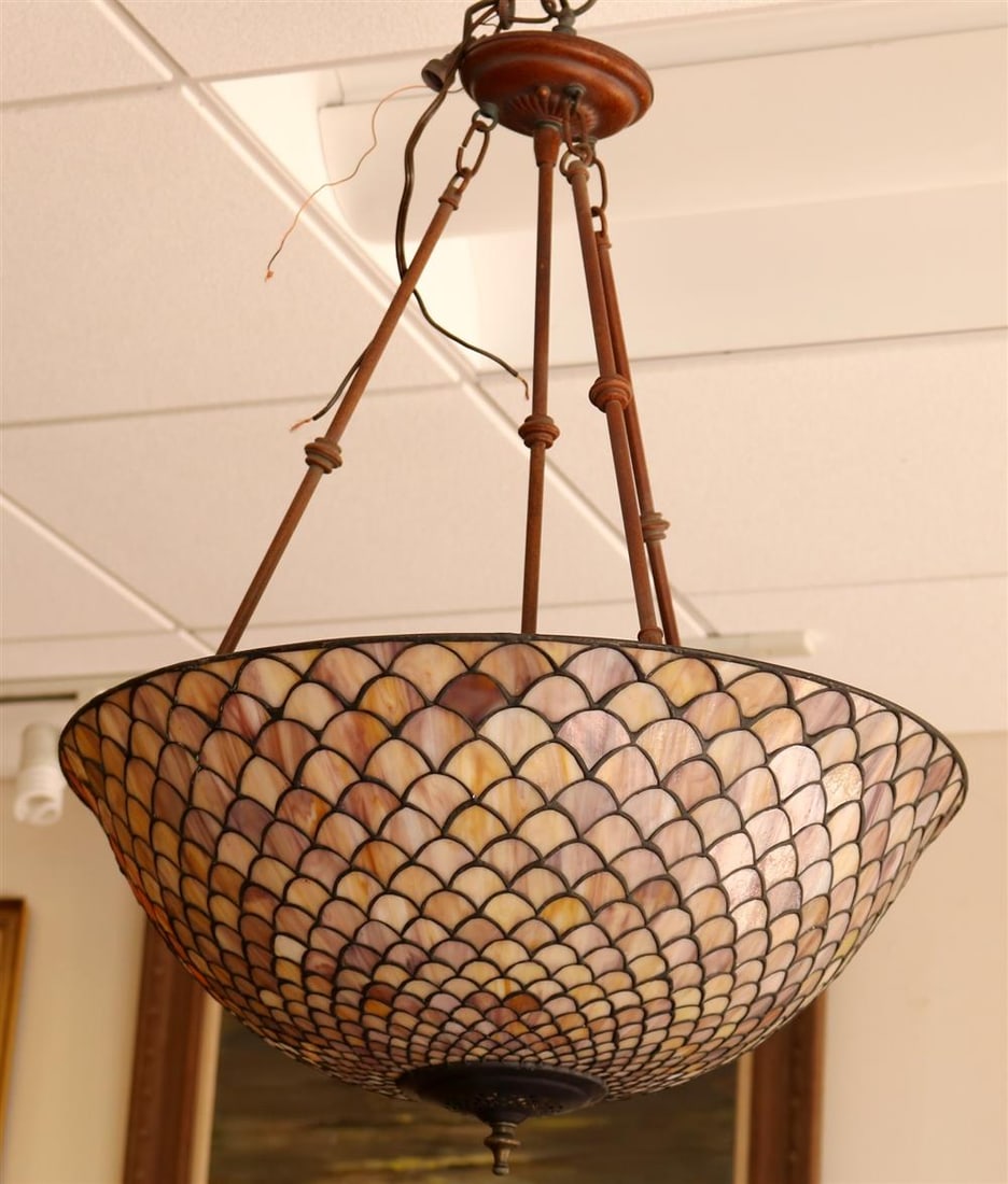 SLAG ART GLASS INVERTED DOME FORM HANGING LIGHT FIXTURE. - D: approx. 24".: SLAG ART GLASS INVERTED DOME FORM HANGING LIGHT FIXTURE. In the early 20th century style. Overall cream, lavender and brown fishscale pattern slag glass tiles. - D: approx. 24".