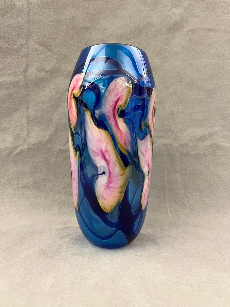 JOHN LOTTON ART GLASS VASE, - 11 in. x 4 7/8 in.: JOHN LOTTON ART GLASS VASE. Blue with pink flowers - 11 in. x 4 7/8 in.