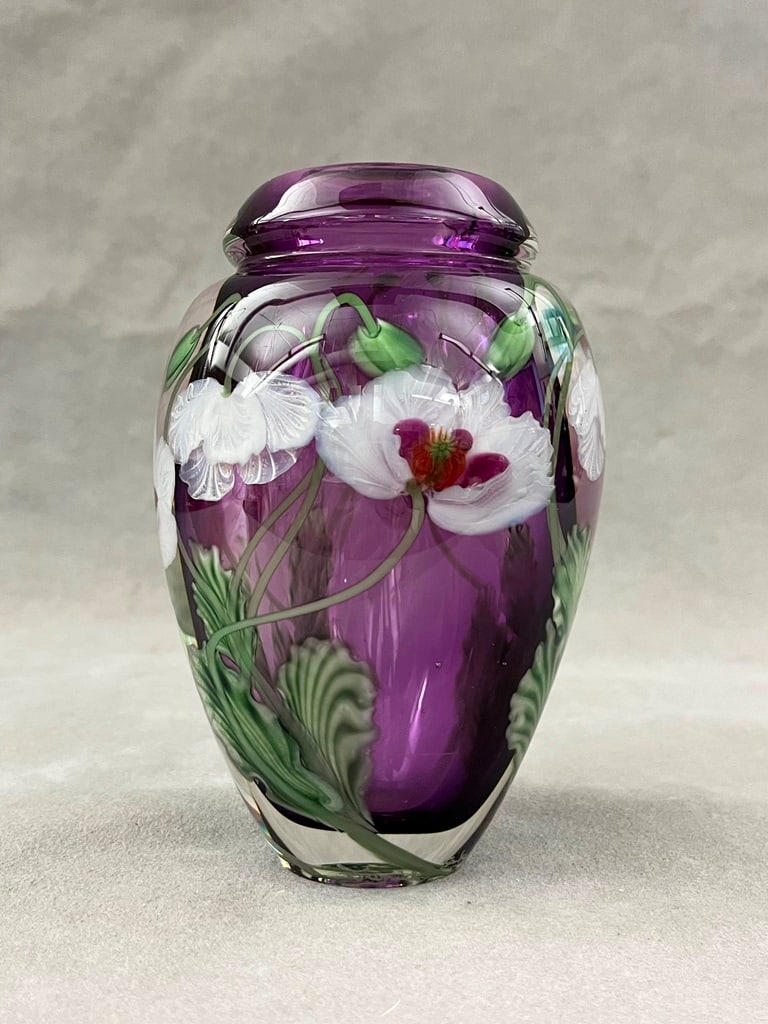 DANIEL SALAZAR FOR LUNDBERG STUDIOS ART GLASS CABINET VASE, dated 2003. - H: 5 1/2 in. x 3 5/8 in.: DANIEL SALAZAR FOR LUNDBERG STUDIOS ART GLASS CABINET VASE, dated 2003. white flower decoration on purple ground - H: 5 1/2 in. x 3 5/8 in.