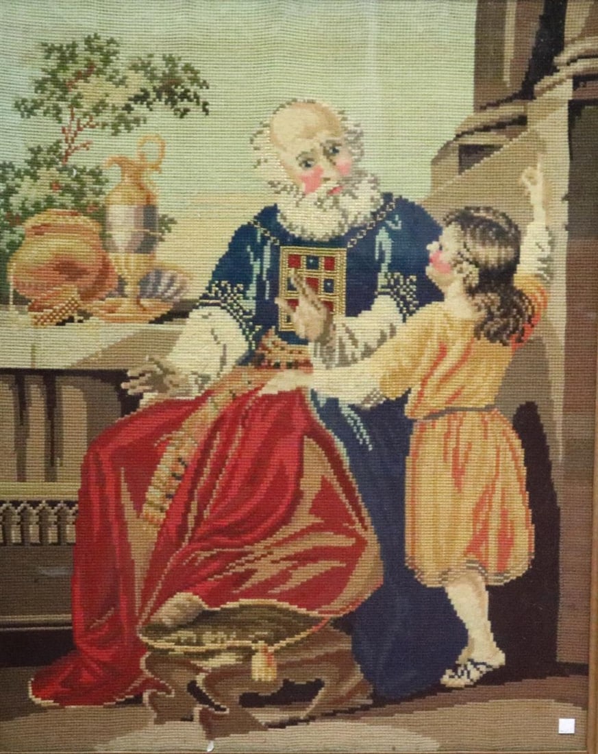 MID 19TH CENTURY ENGLISH VICTORIAN NEEDLEPOINT PANEL DEPICTING CLASSICAL NOBLE FIGURE WITH CHILD. -: MID 19TH CENTURY ENGLISH VICTORIAN NEEDLEPOINT PANEL DEPICTING CLASSICAL NOBLE FIGURE WITH CHILD. 19th century floral relief molded gilt frame. - sight: 25x 19.5 inches.