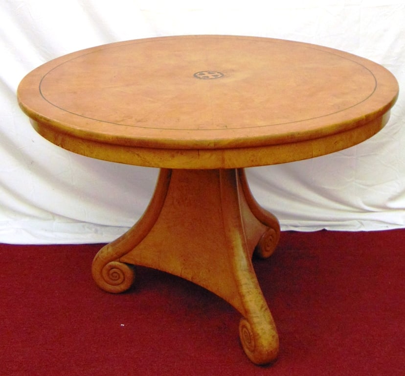 19TH CENTURY CONTINENTAL INLAID BURLWOOD CENTER TABLE WITH CIRCULAR FLIP TOP OVER SCROLLING: 19TH CENTURY CONTINENTAL INLAID BURLWOOD CENTER TABLE WITH CIRCULAR FLIP TOP OVER SCROLLING TRIANGULAR PEDESTAL. In the biedermeier taste. - Top, D: 40".