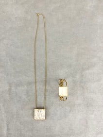TWO PIECES SIGNED LALIQUE GOLD-PLATED AND COLORLESS CRYSTAL JEWELRY.